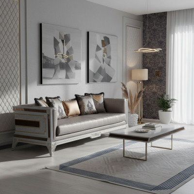 Diseñador Sofá moderno de lujo de 3 plazas Muebles de madera Tapizado Textil Gris Nuevo