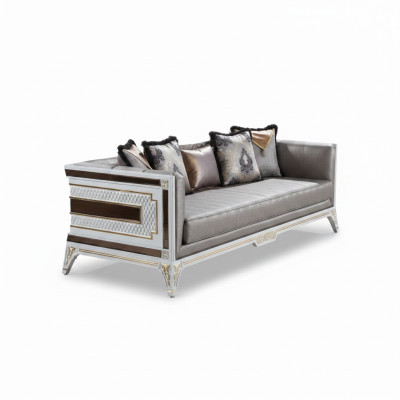 Diseñador Sofá moderno de lujo de 3 plazas Muebles de madera Tapizado Textil Gris Nuevo
