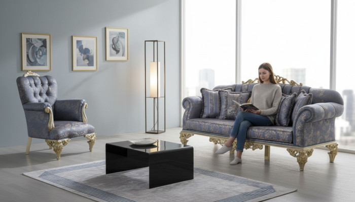 Sofá de 3 plazas de tela con cojines, muebles tapizados de 3+1 plazas en azul.
