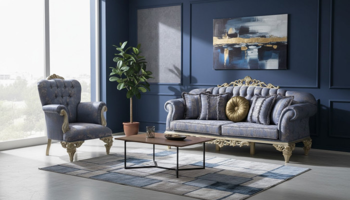 Sofá de 3 plazas de tela con cojines, muebles tapizados de 3+1 plazas en azul.