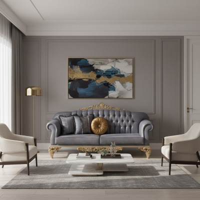 Sofá clásico y exigente en diseño Chesterfield para la sala de estar con cojines dorados.