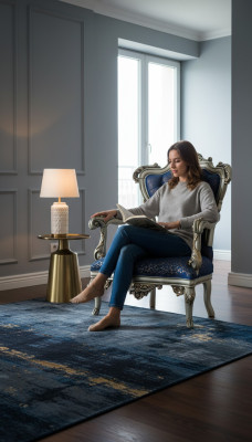 Una fabulosa silla de estilo clásico en azul con patrones decorativos.