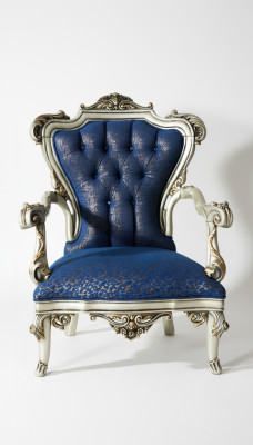 Una fabulosa silla de estilo clásico en azul con patrones decorativos.