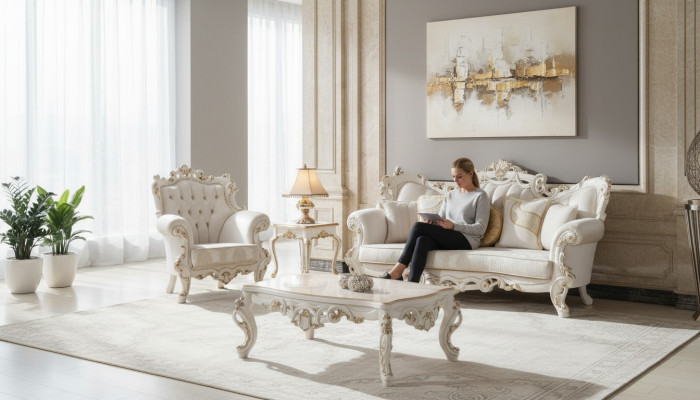 Sofá Chesterfield de 3 plazas + 1 blanca de tela con mesa de centro.