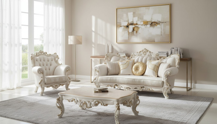 Sofá Chesterfield de 3 plazas + 1 blanca de tela con mesa de centro.