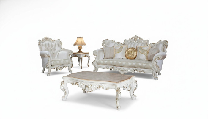 Sofá Chesterfield de 3 plazas + 1 blanca de tela con mesa de centro.