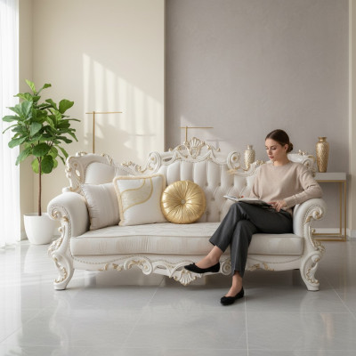 Diseño de sofá de tres plazas Chesterfield con cojines tapizados en tela.