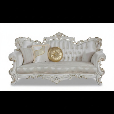 Diseño de sofá de tres plazas Chesterfield con cojines tapizados en tela.