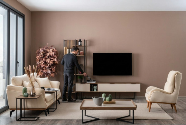Mueble de salón, muebles de salón, soporte de TV, estantería de libros de 240 cm de madera.