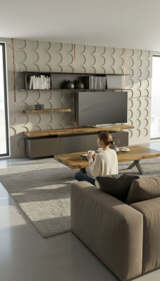 Soporte de TV moderno con estantes de pared, lujosos armarios de almacenamiento en nogal natural.
