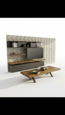Soporte de TV moderno con estantes de pared, lujosos armarios de almacenamiento en nogal natural.