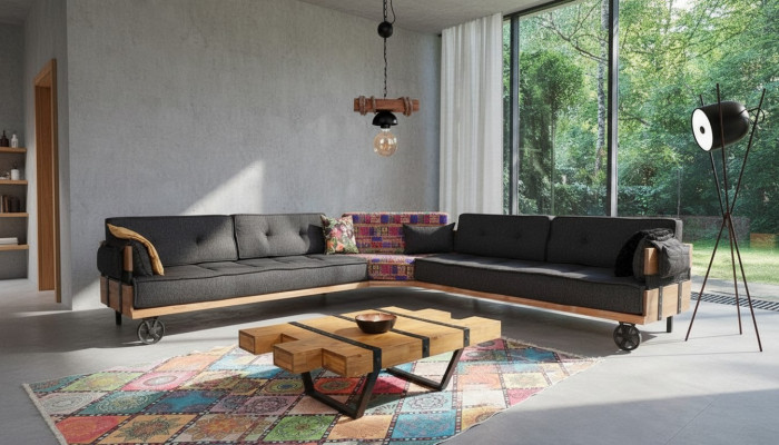 Sofá esquinero acolchado para loft con ruedas, sofá esquinero, juego de sofás esquineros, sofá de 2 piezas.
