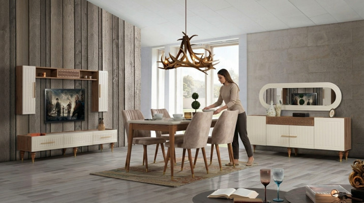 Juego completo de sala de estar + conjunto de comedor Mesa Estante Cómoda 6 piezas.