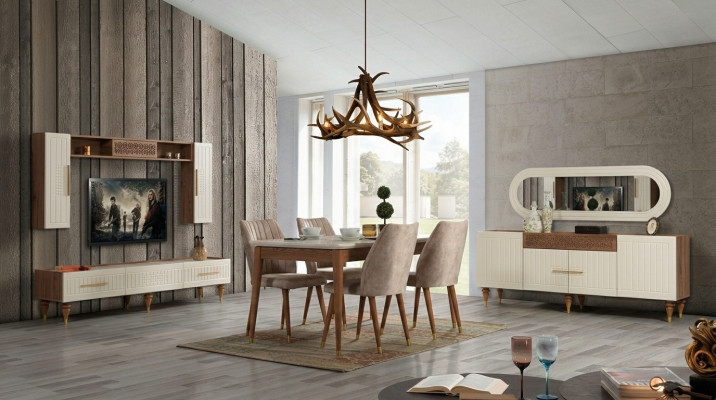 Juego completo de sala de estar + conjunto de comedor Mesa Estante Cómoda 6 piezas.