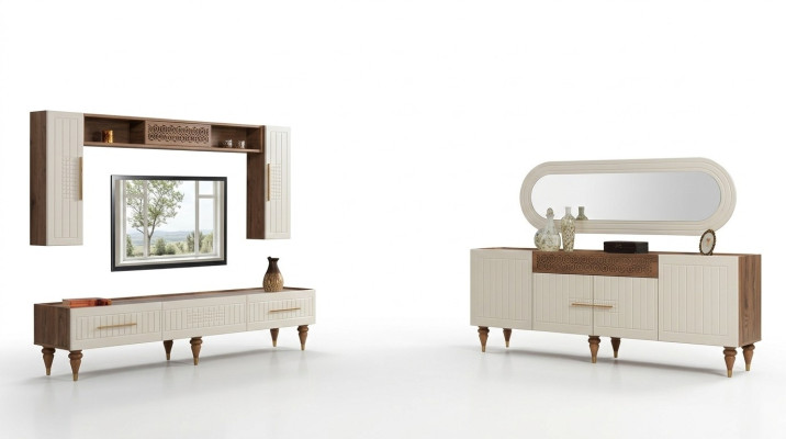 Juego completo de sala de estar + conjunto de comedor Mesa Estante Cómoda 6 piezas.