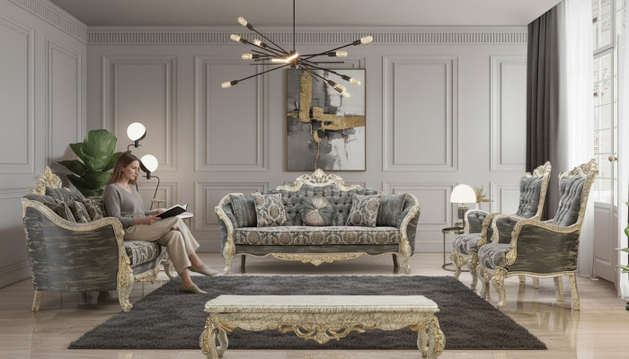 Sofá clásico Chesterfield de estilo barroco con juego completo de muebles de sala de estar de 5 piezas.