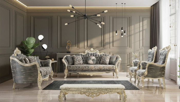 Sofá clásico Chesterfield de estilo barroco con juego completo de muebles de sala de estar de 5 piezas.