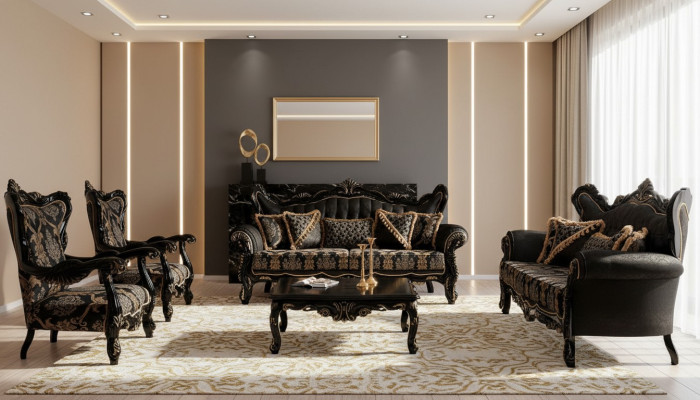 Sofá Set 3+3+1+1 Mesa de Centro Sala de Estar Lujo Negro Nuevo Sofá Conjunto