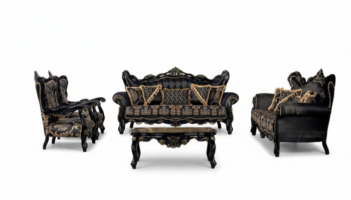 Sofá Set 3+3+1+1 Mesa de Centro Sala de Estar Lujo Negro Nuevo Sofá Conjunto