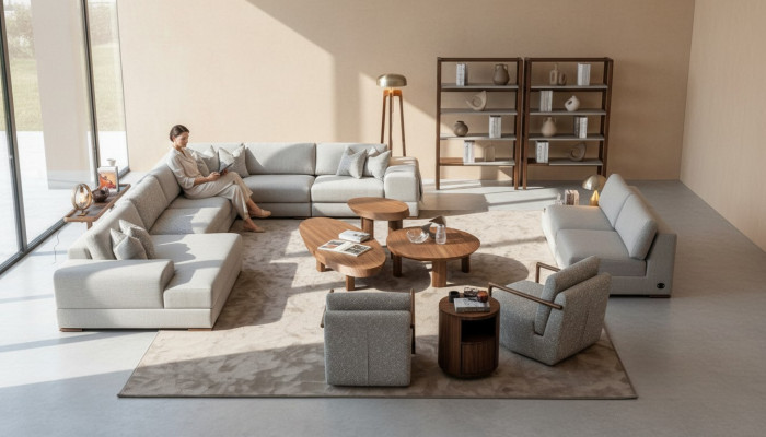 Sofá en forma de L para la sala de estar, muebles modernos, sofá de diseñador de tela.