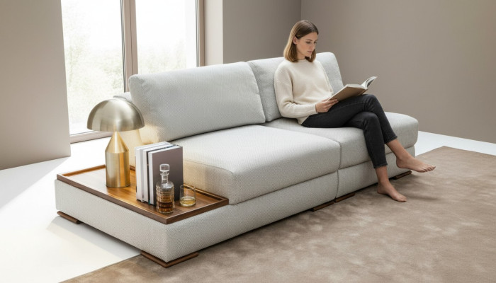 Sofá moderno de dos plazas con mesa de madera integrada y asiento amplio.