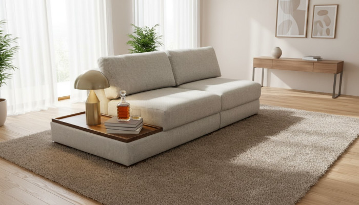 Sofá moderno de dos plazas con mesa de madera integrada y asiento amplio.