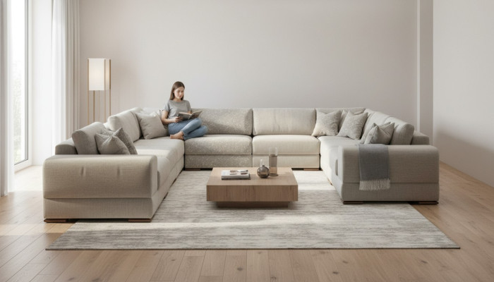 Sofá en forma de U en gris, sofá de lujo, diseño de muebles, tapizado de salón.
