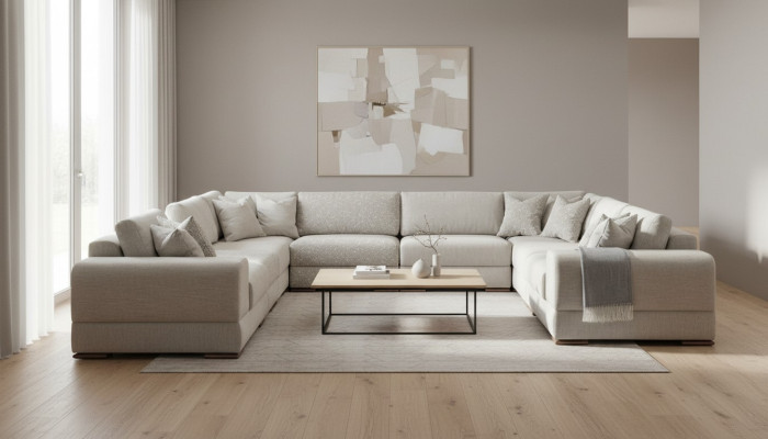 Sofá en forma de U en gris, sofá de lujo, diseño de muebles, tapizado de salón.