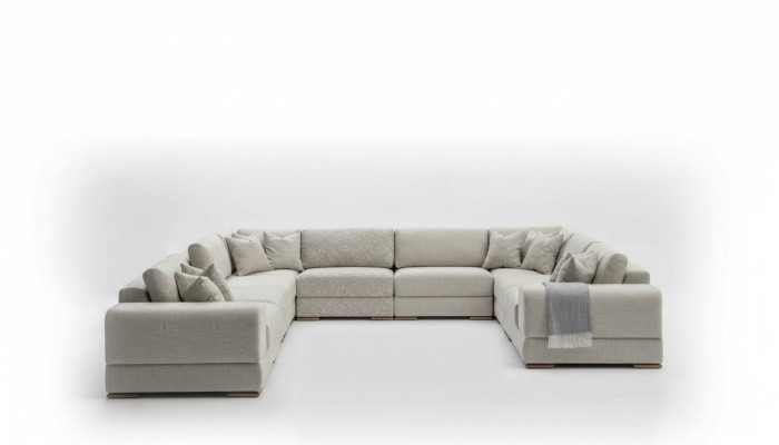 Sofá en forma de U en gris, sofá de lujo, diseño de muebles, tapizado de salón.