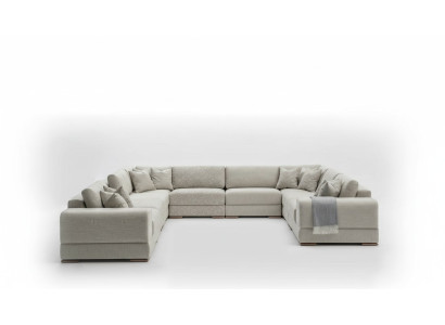 Sofá en forma de U en gris, sofá de lujo, diseño de muebles, tapizado de salón.