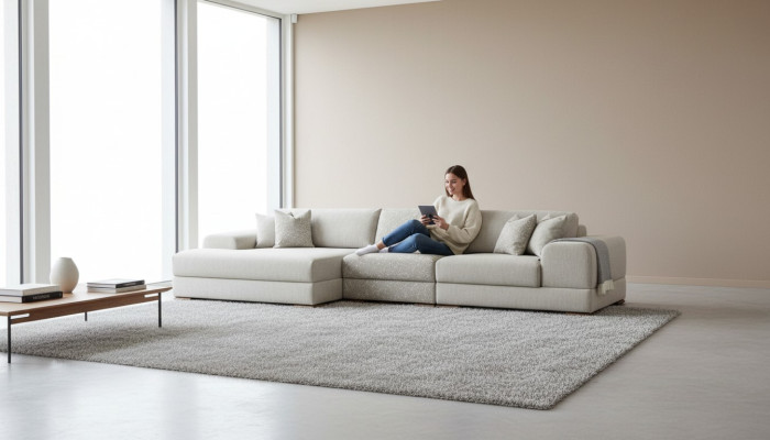 Sofá de esquina en forma de L, conjunto de salón de lujo en gris, sofá moderno, muebles.