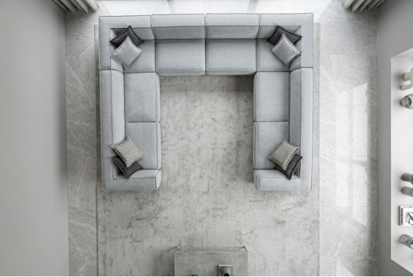 Sofá esquinero de salón en forma de U de lujo, diseño moderno gris, gran sofá de salón.