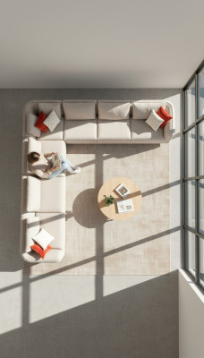 Sofá de esquina en forma de L de lujo para sala de estar en beige, mueble de sofá tapizado 402x402 cm.