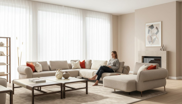 Sofá esquinero en forma de U beige de lujo para sala de estar moderna, sofá tapizado nuevo.