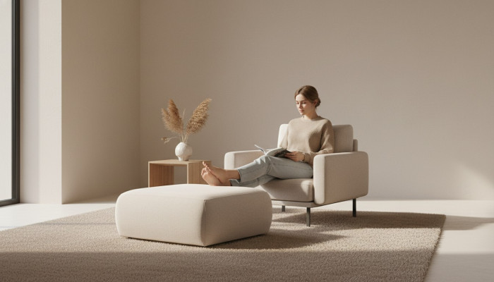 Taburete beige para salón, tapizado en tela, muebles, otomana, sofá