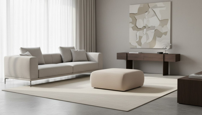 Taburete beige para salón, tapizado en tela, muebles, otomana, sofá