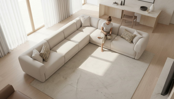 Sofá esquinero en forma de L color beige, conjunto de muebles en estilo textil 405x315 sofá.