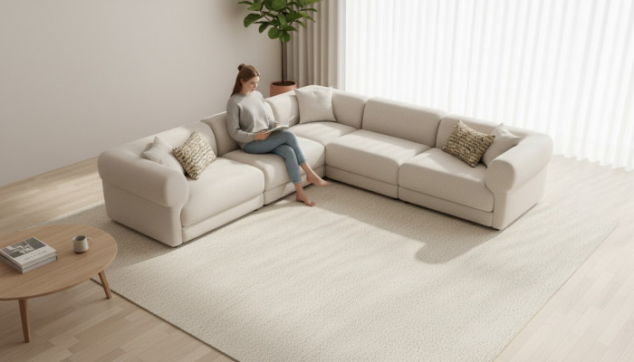 Sofá de esquina color beige para sala de estar en forma de L, moderno, de tela.