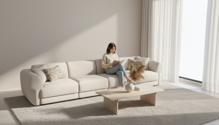Gran sofá beige atractivo de 6 plazas en un diseño sencillo hecho de materiales premium.