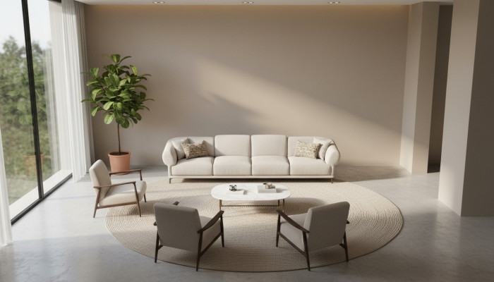 Gran sofá beige atractivo de 6 plazas en un diseño sencillo hecho de materiales premium.