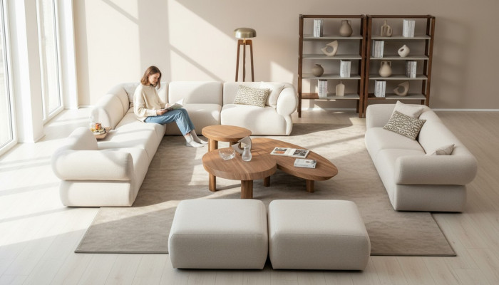 Sofá de salón en forma de L, conjunto de sofá de 3 plazas y taburete diseño moderno.