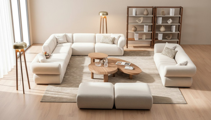Sofá de salón en forma de L, conjunto de sofá de 3 plazas y taburete diseño moderno.