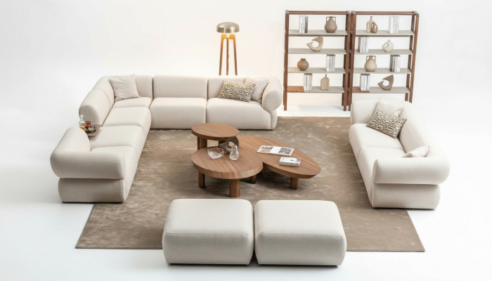 Sofá de salón en forma de L, conjunto de sofá de 3 plazas y taburete diseño moderno.