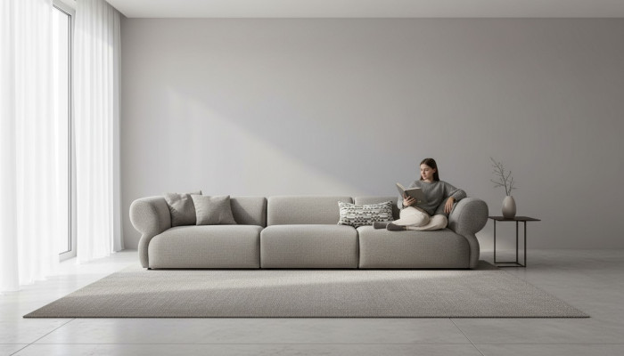 Gran sofá de tela de 5 plazas con tapizado textil premium en un estilo moderno.