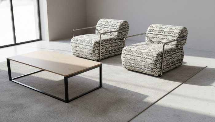 Silla de diseñador de lujo de una plaza moderna para salón en tela acolchada.