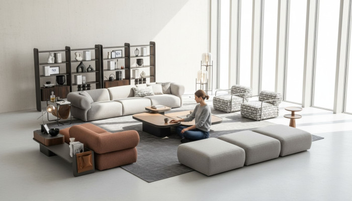 Gran juego de sala de estar de cinco plazas, tres plazas, sillón, reposapiés, conjunto de sofás.