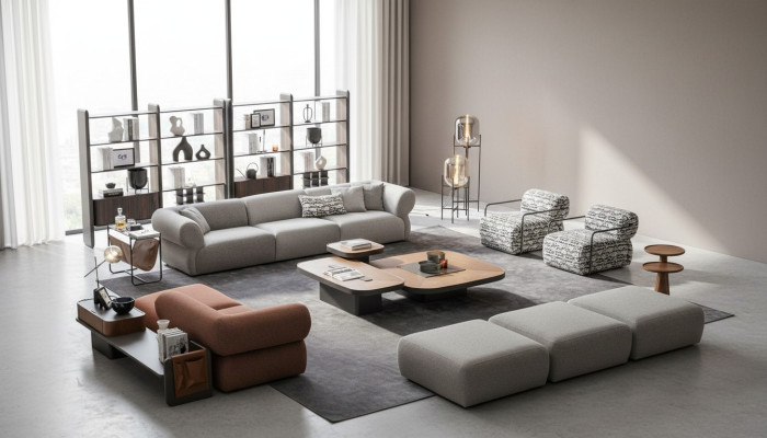 Gran juego de sala de estar de cinco plazas, tres plazas, sillón, reposapiés, conjunto de sofás.