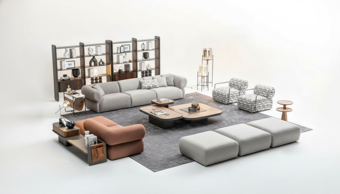 Gran juego de sala de estar de cinco plazas, tres plazas, sillón, reposapiés, conjunto de sofás.
