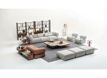 Gran juego de sala de estar de cinco plazas, tres plazas, sillón, reposapiés, conjunto de sofás.