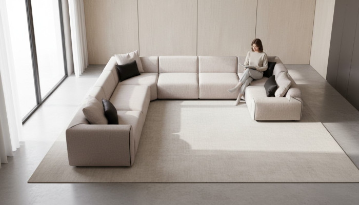 Sofá en forma de U de esquina, sofá de salón beige, sofá seccional de tela en forma de L.